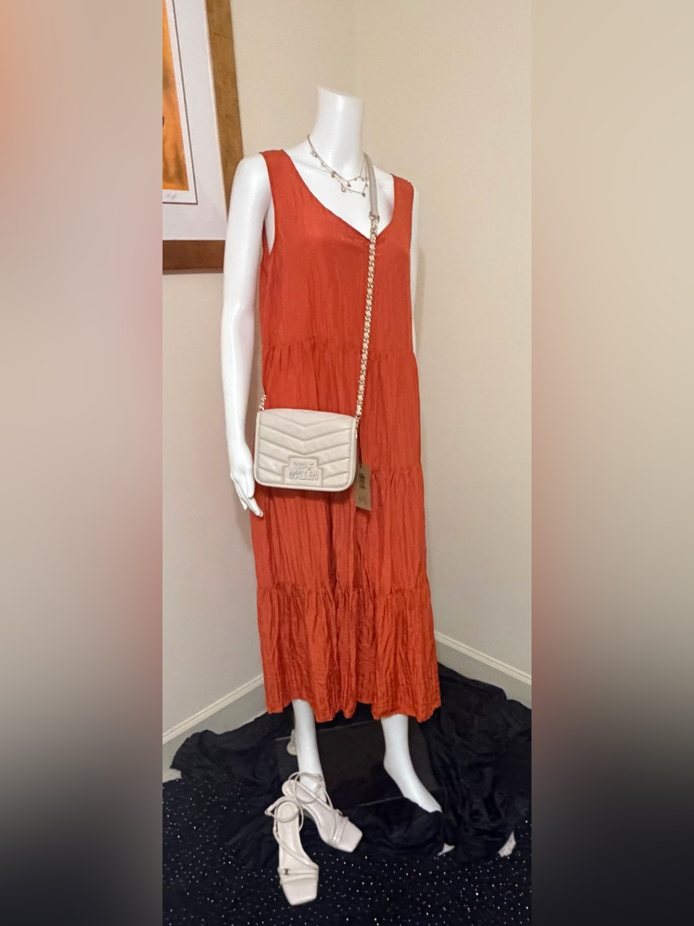 Eileen Fisher Terracotta Orange Crinkled Silk Tiered Maxi Dress, Size Medium
